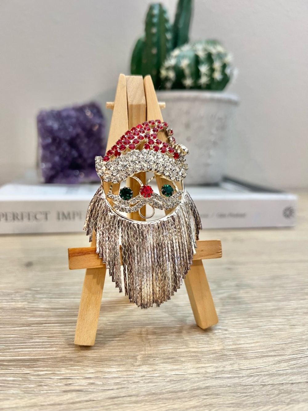 Vintage Santa Claus Brooch Rhinestone Red Hat Fringe Beard Dangle Pin